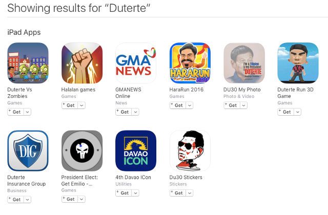 FEWER DUTERTE APPS. A screenshot of the Apple App Store on November 29 shows far fewer games related to Rodrigo Duterte on the app store. 