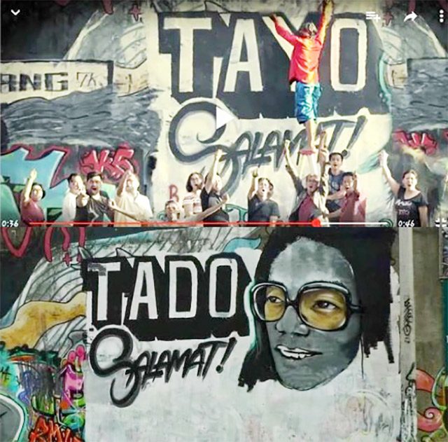 TAYO, TADO. The upper half of the photo shows a screengrab of vice presidential candidate Bongbong Marcos' political ad, while the bottom is a mural honoring Tado. Image courtesy of Dakila 