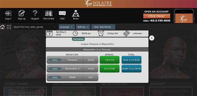 General fight odds from Solaire's sportsbook as of May 1, Philippine time.         To calculate: ([Stake /denominator]) x numerator ) + stake.  Screenshot from SoftecDigital website.   