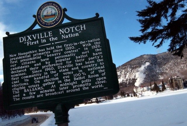 'FIRST IN THE NATION' In this file photo, a sign proclaims the 'first-in-the-nation presidential primaries' as snow and subzero temperatures blanket the region in Dixville Notch, New Hampshire, January 26, 2004. Douglas McFadd/EPA  