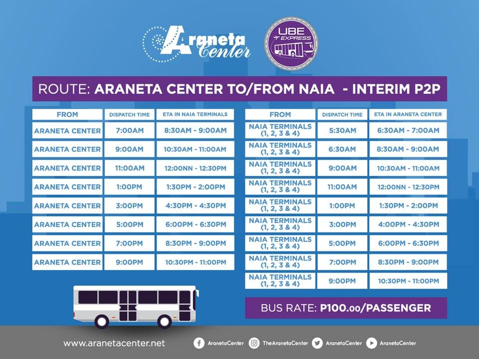 SCHEDULE. This photo shows the schedule of trips from Araneta Center to and from NAIA. Photo from Araneta Center's FB page 