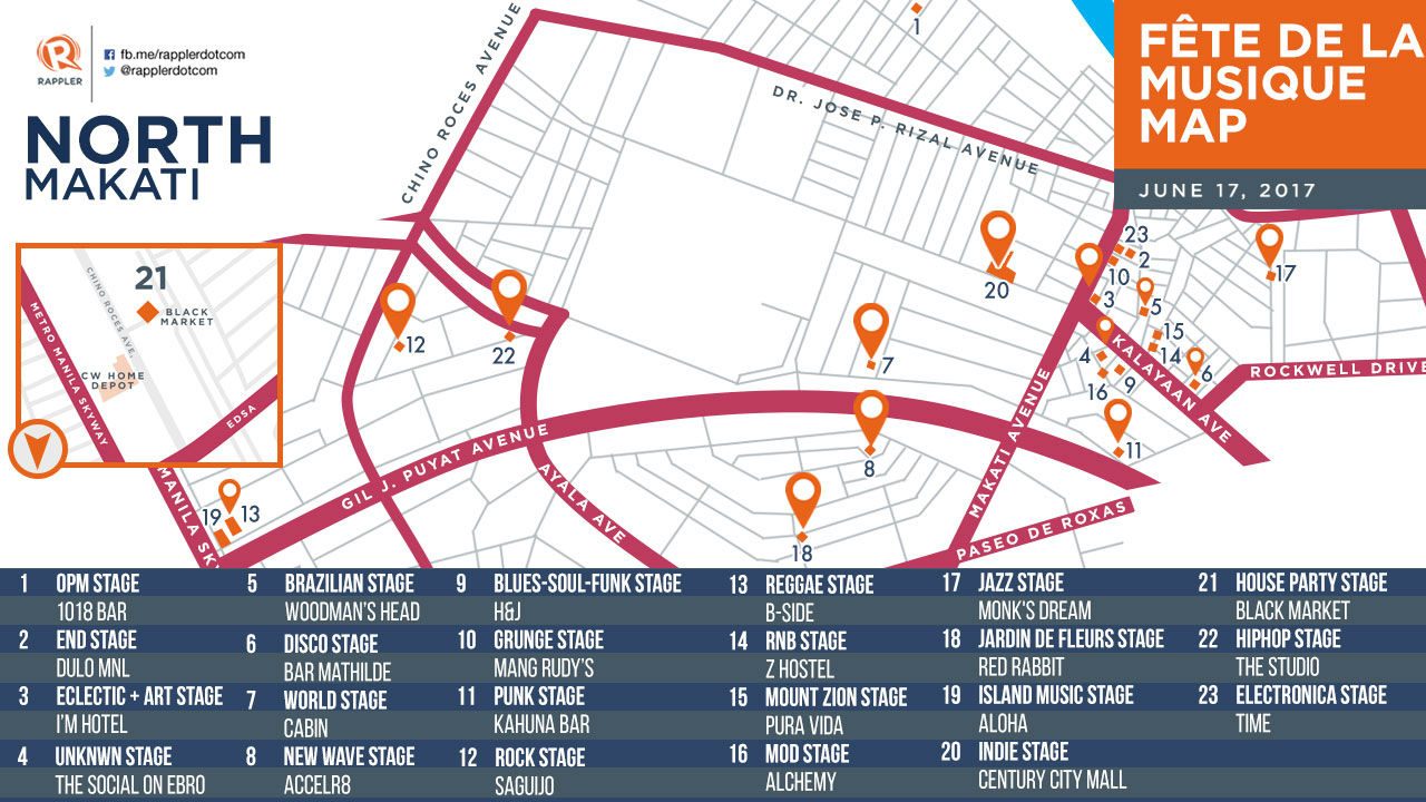 NORTH MAKATI. Here are the pocket stages that will be set up in Makati on June 17. 