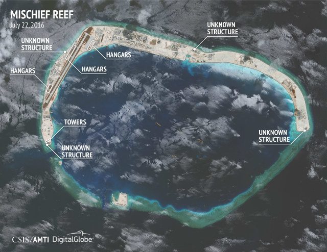 MISCHIEF REEF. The construction of hangars on Mischief Reef is said to be part of China's militarization of the West Philippine Sea. Photo courtesy of CSIS/AMTI and DigitalGlobe 