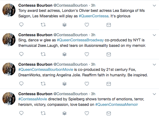 QUEEN CONTESSA. In a series of tweets, Villadiego claimed that a broadway musical and a movie based on her memoir are being produced. 