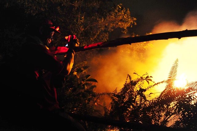 KEBAKARAN HUTAN. Seorang wartawan mengambil gambar api yang membakar hutan di Jalan Parit Haji Husin II, Pontianak, Kalbar, Sabtu, 20 Agustus. Foto oleh Jessica Helena Wuysang/ANTARA 