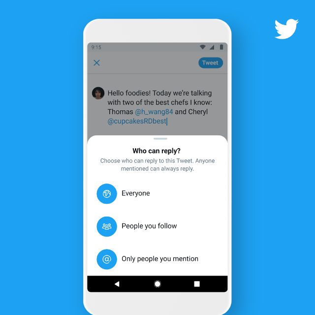 REPLY OPTIONS. Twitter is testing some new options to control who can reply to a user's conversation topics. Image from Twitter. 