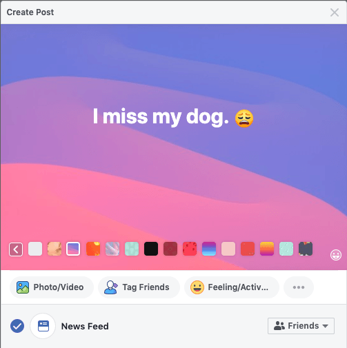 COLORED BACKGROUNDS. Facebook added a small feature in 2016 that allows users to put background colors in their text-only posts. its 2019 version offers more vibrant backgrounds and more options to choose from. Screenshot by Rappler 