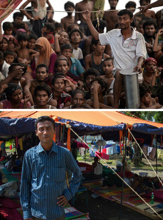 NEW LIFE. This combination of pictures made on May 29, 2015 shows (TOP) a file picture taken on May 14, 2015 of Jamal, a 37 year old Rohingya migrant from Myanmar (R, in white shirt), standing on a drifting boat in Thai waters and (BOTTOM) a photo taken on May 28, 2015 showing Jamal standing outside a tent at a confinement camp in Indonesia's Aceh province. Photo by Christophe Archambault, Chaideer Mahyuddin/AFP 