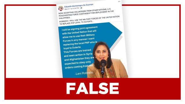 FALSE: Robredo to ‘sign’ deal with U.N. ‘to use their military forces’