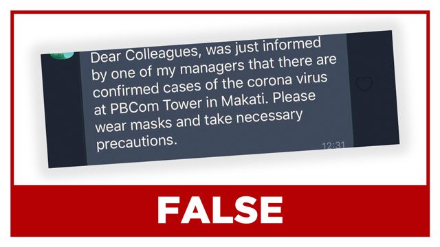 FALSE: ‘Confirmed cases’ of coronavirus at PBCom Tower in Makati