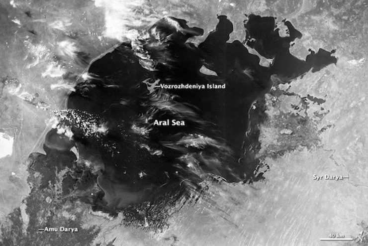 BEFORE THE DISASTER. An image of the Aral Sea, taken by an Argon reconnaissance satellite on August 22, 1964, before the drop in the lake's water levels. The Amu Darya and Syr Darya rivers are labeled, as well as Vozrozhdeniya Island, the home of a Soviet biological weapons laboratory. Image courtesy NASA