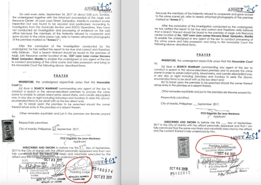 FALSIFIED? The camp of John Paul Solano shows two versions of certified true copies of the Manila Police District's application for search warrant. The earlier version has no signature of the judge, while a signature appears on the second. Photos courtesy of Solano camp 