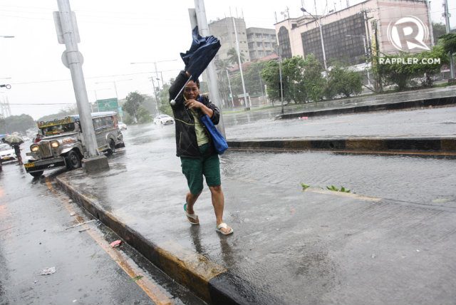 GLENDA'S WRATH. A commuter braves rain and winds caused Typhoon Glenda in Quezon City. File photo by Manman Dejeto/Rappler 