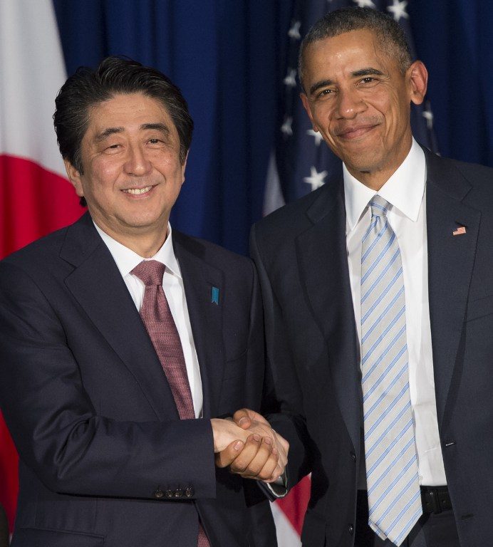 EXTERNAL POWERS. Japanese Prime Minister Shinzo Abe and US President Barack Obama increasingly became vocal about the South China Sea dispute during the APEC and ASEAN summits in November. Photo by Saul Loeb/AFP 