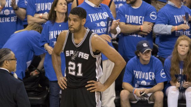 Tim Duncan gazes into space during Game 6 of the Western Conference semifinals against the Oklahoma City Thunder. It ended up being the final game of his NBA career. File photo by J Pat Carter/Getty Images/AFP  