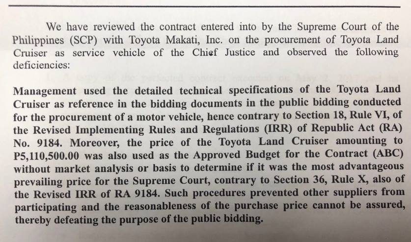 LAND CRUISER. An audit observation memorandum finds the purchase of Sereno's Toyota Land Cruiser illegal. Sourced photo 