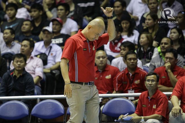 TOUGH HOMEWORK. Yeng Guiao has tough homework ahead of him for game 4 as Rain or Shine attempts to cover all bases against a talented San Miguel. Photo by Mark Cristino/Rappler 