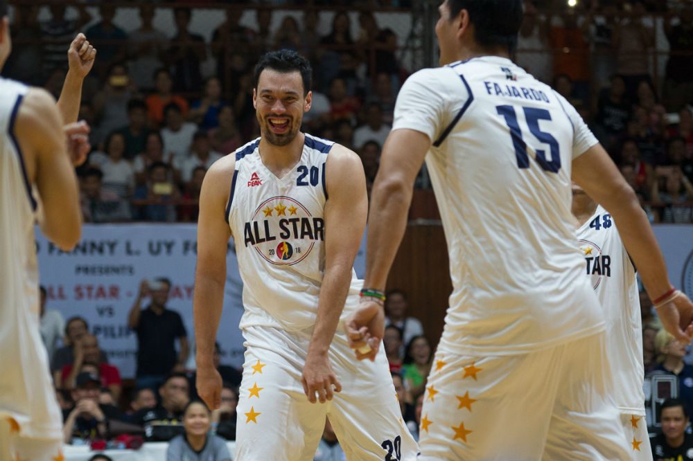 GIANTS. Greg Slaughter and June Mar Fajardo both do "The Floss." Photo by PBA Images 