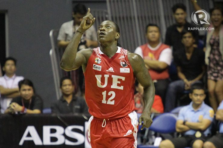 UE's Charles Mammie gestures after scoring against NU. Photo by Mark Cristino/Rappler