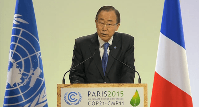 Sekjen PBB Ban Ki-moon saat menyampaikan pidato di COP 21, Paris, Prancis, pada 7 Desember 2015. Foto oleh Pia Ranada/Rappler 