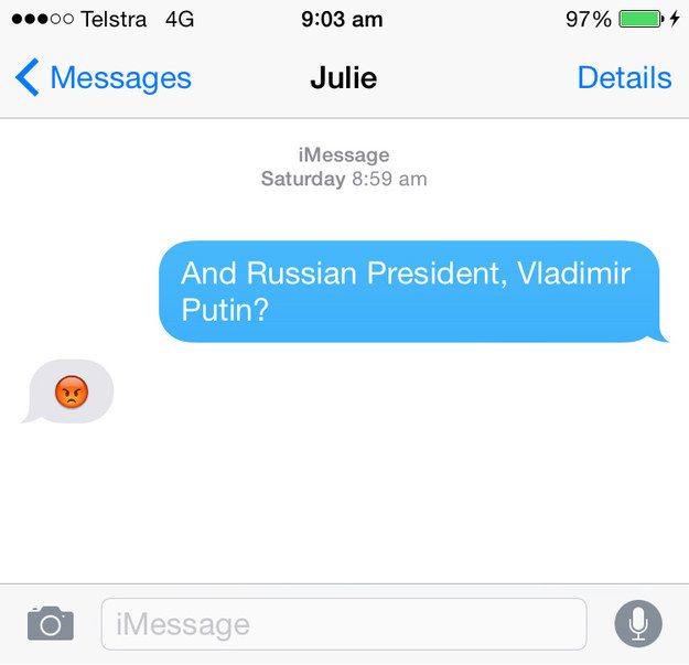 Australian Foreign Minister Julie Bishop's response to Buzzfeed's question about Russian President Vladimir Putin. Image courtesy Mark Di Stefano/Buzzfeed 