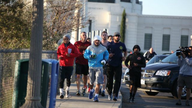 Manny Pacquiao and crew run past Griffith Observatory
