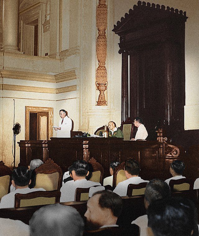 THE JAPANESE YEARS. Philippine Executive Commission Chairman Jorge Vargas speaks to the Kalibapi in the presence of Lieutenant General Shigenori Kuroda and Speaker Benigno Aquino Sr, in the old Senate Session Hall in the Legislative Building, Manila. Photo from the Presidential Museum and Library    