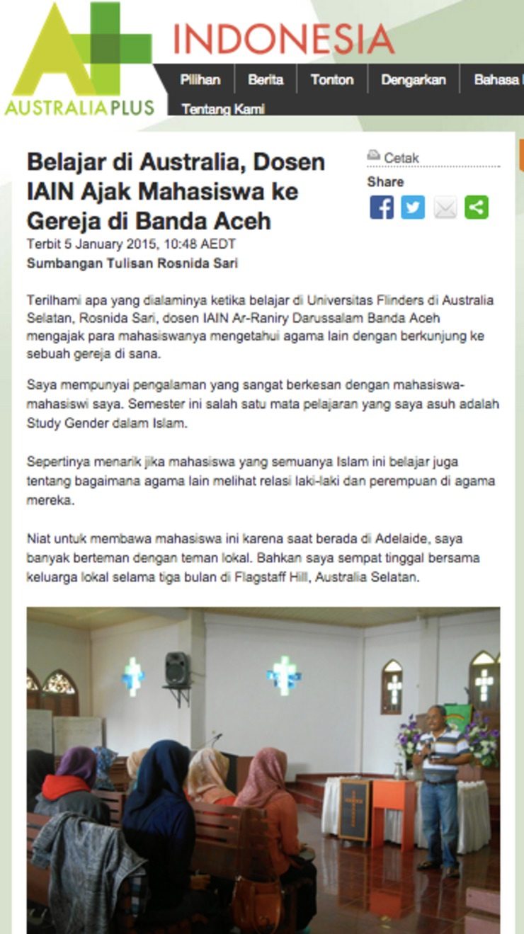 Screen shot dari laman Australia Plus, tulisan asli Rosnida Sari yang mengajak murid-muridnya ke gereja.