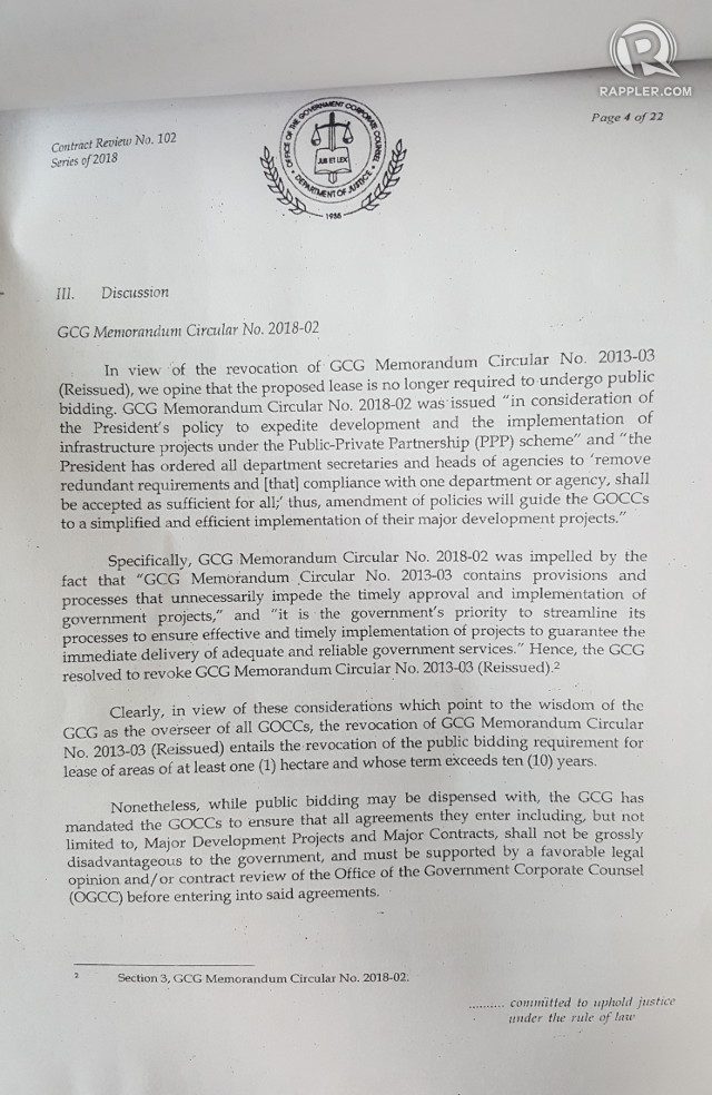 A portion of the March OGCC legal review shows it waived the public bidding requirement due to a February 2018 GCG Memorandum Circular signed by two of Duterte's economic managers 