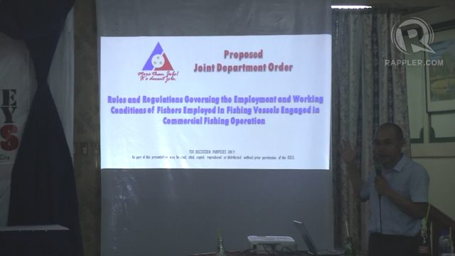 PROPOSAL. Romy Montefalco, Director of the Department of Labor and Employment Legal Service presents to stakeholders of the tuna fishing industry the proposed regulation on the employment of handliners. Photo by Buena Bernal/Rappler 