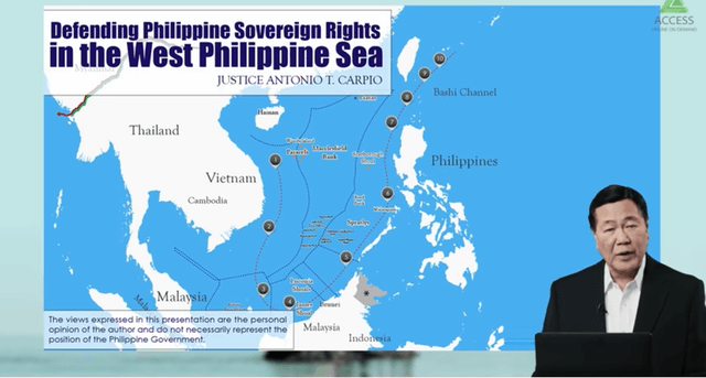 NOW ONLINE. Retired Supreme Court senior associate justice Antonio Carpio delivers his West Philippine Sea lecture online. Screenshot from Access Online video 