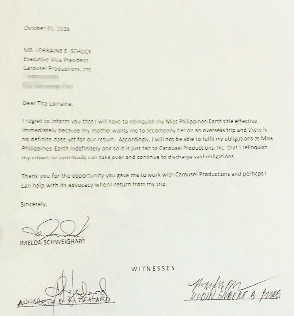 Surat Imelda Schweighart mengundurkan diri dari tugas Miss PH Earth