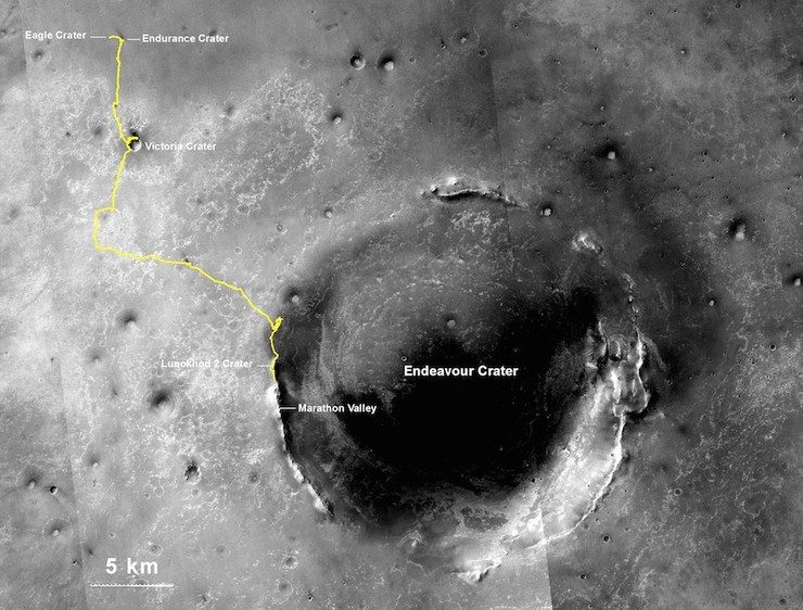 The gold line on this map shows Opportunity's route on Mars, from the landing site inside Eagle Crater (upper left) to its location after the July 27, 2014 (Sol 3735) drive. NASA/JPL-Caltech/MSSS/NMMNHS