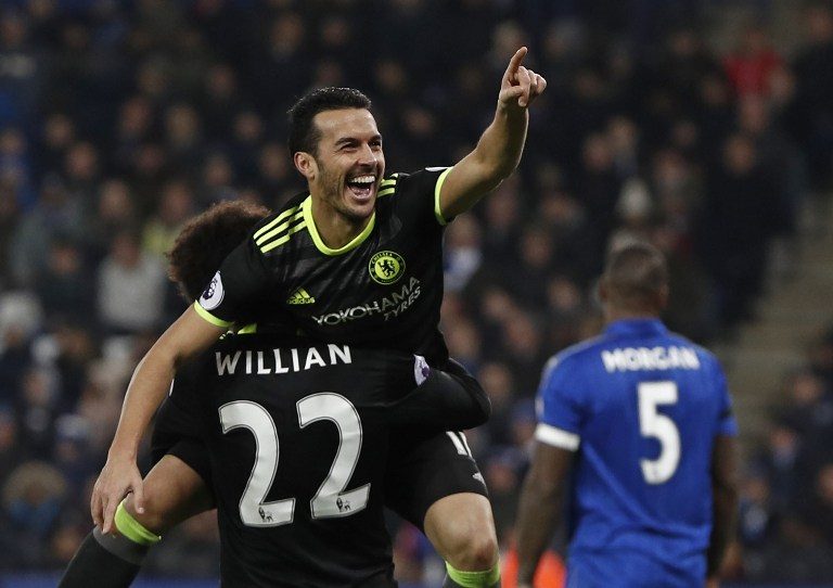 NO COSTA, NO PROBLEM. Pedro Rodriguez celebrates scoring the third goal for Chelsea in a romp over defending champs Leicester City. Photo by Adrian Dennis/AFP 