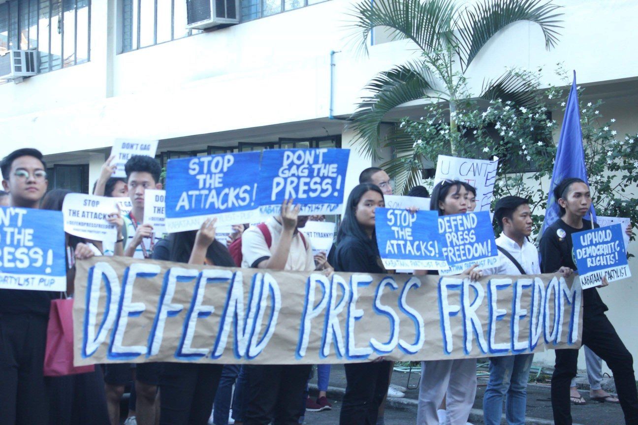 PRESS FREEDOM. Students protest outside the Polytechnic University of the Philippines College of Communication to defend press freedom on February 14, 2019. Photo from The Catalyst-PUP 