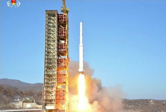 ROCKET LAUNCH. This picture taken from North Korean TV and released by South Korean news agency Yonhap on February 7, 2016 shows North Korea's rocket launch of earth observation satellite Kwangmyong 4. AFP photo / North Korean TV / YONHAP   