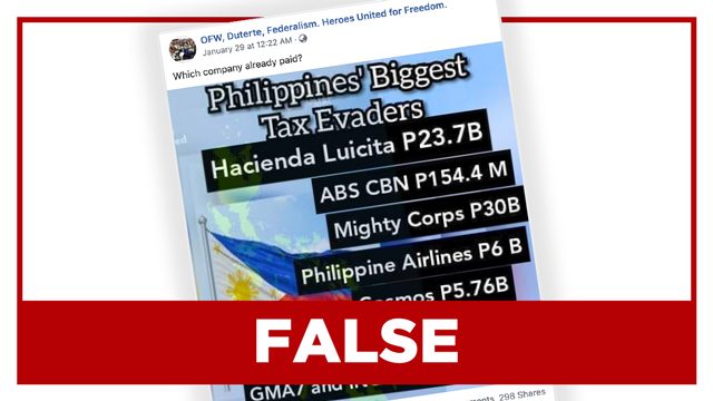 FALSE: List of ‘Philippines’ biggest tax evaders’