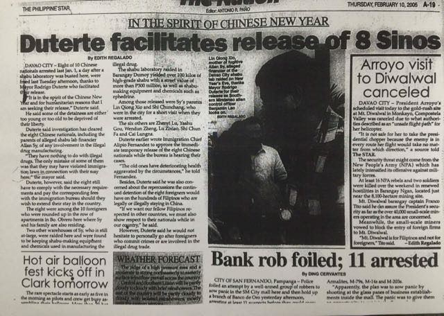 PANDORA'S BOX. Philippine Star's news item on Davao City Mayor Rodrigo Duterte's release of the 8 Chinese businessmen involved in drug operations in 2005. Photo from the Office of Senator Antonio Trillanes IV 