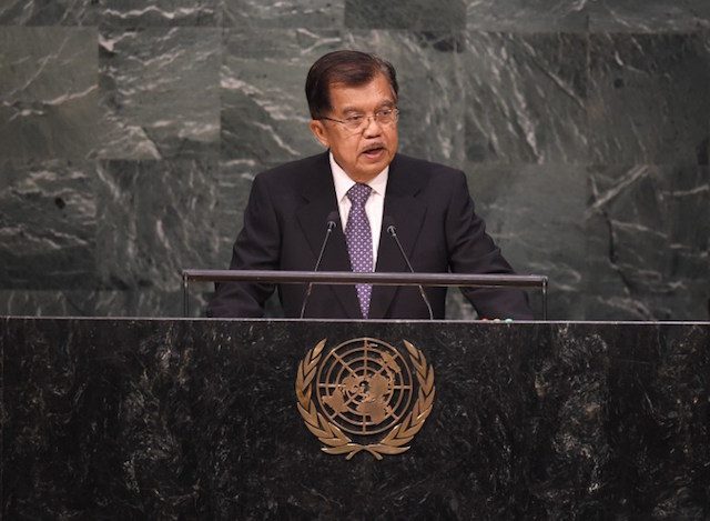 Wakil Presiden RI Jusuf Kalla saat berbicara dalam pertemuan United Nations Sustainable Development dalam sidang umum PBB di New York, 26 September 2015. Foto oleh Timothy A. Clary/AFP 