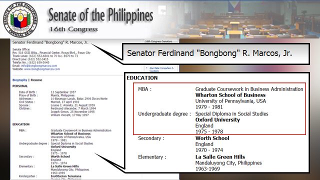 Screenshot of Marcos' resumé after the publication of Rappler's report