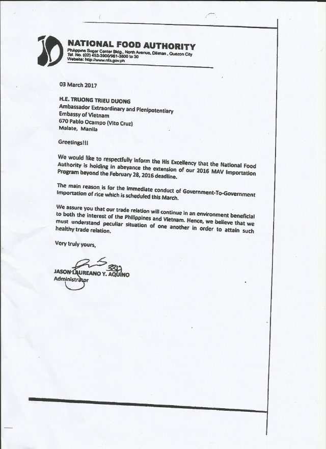 NFA Administrator Jason Aquino's letter to Vietnamese Ambassador on March 3, 2017. Rappler sourced document 