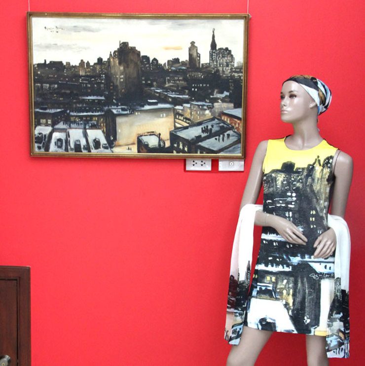 SIDE BY SIDE. Alcuaz's artwork often features lemons. This dress fuses his signature color with that of one of his cityscapes. Photo by Rome Jorge