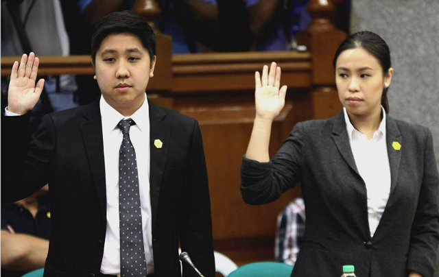 ALLEGED DUMMIES. Kimsfer Chong and Imee Chong take their oath as senators are set to ask them about their role in firms identified as Binay dummies. Photo by Cesar Tomambo/Senate PRIB 