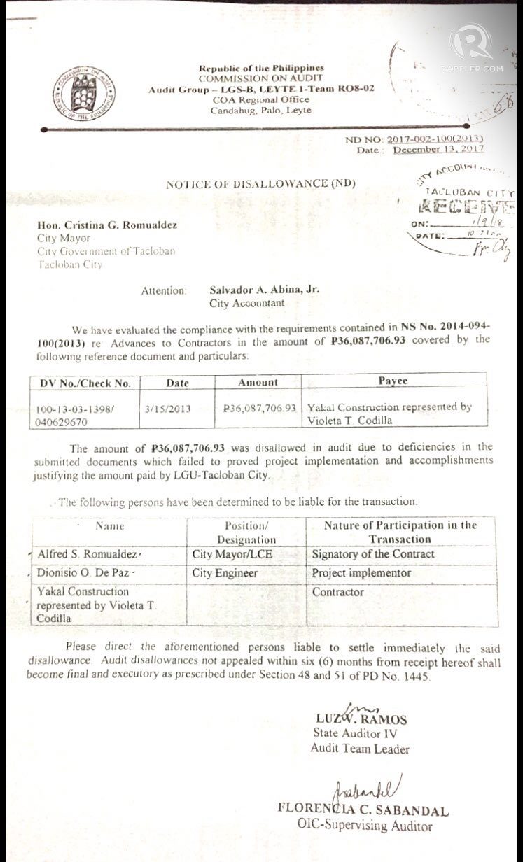 DISALLOWANCE. The Commission on Audit asks the Tacloban LGU to return to treasury P36 million worth of advances that it paid a construction firm for a drainage project in March 2013. Photo obtained by Rappler 