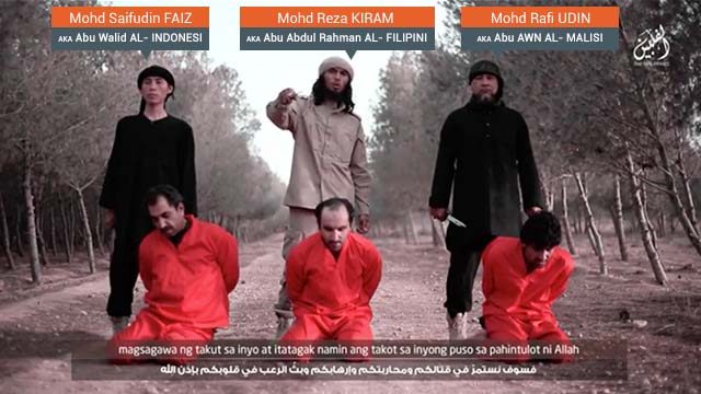  ISIS VIDEO. An Indonesian, Filipino, and Malaysian behead 3 Caucasians and call Muslims to fight the jihad in Syria and the Philippines (screenshot)