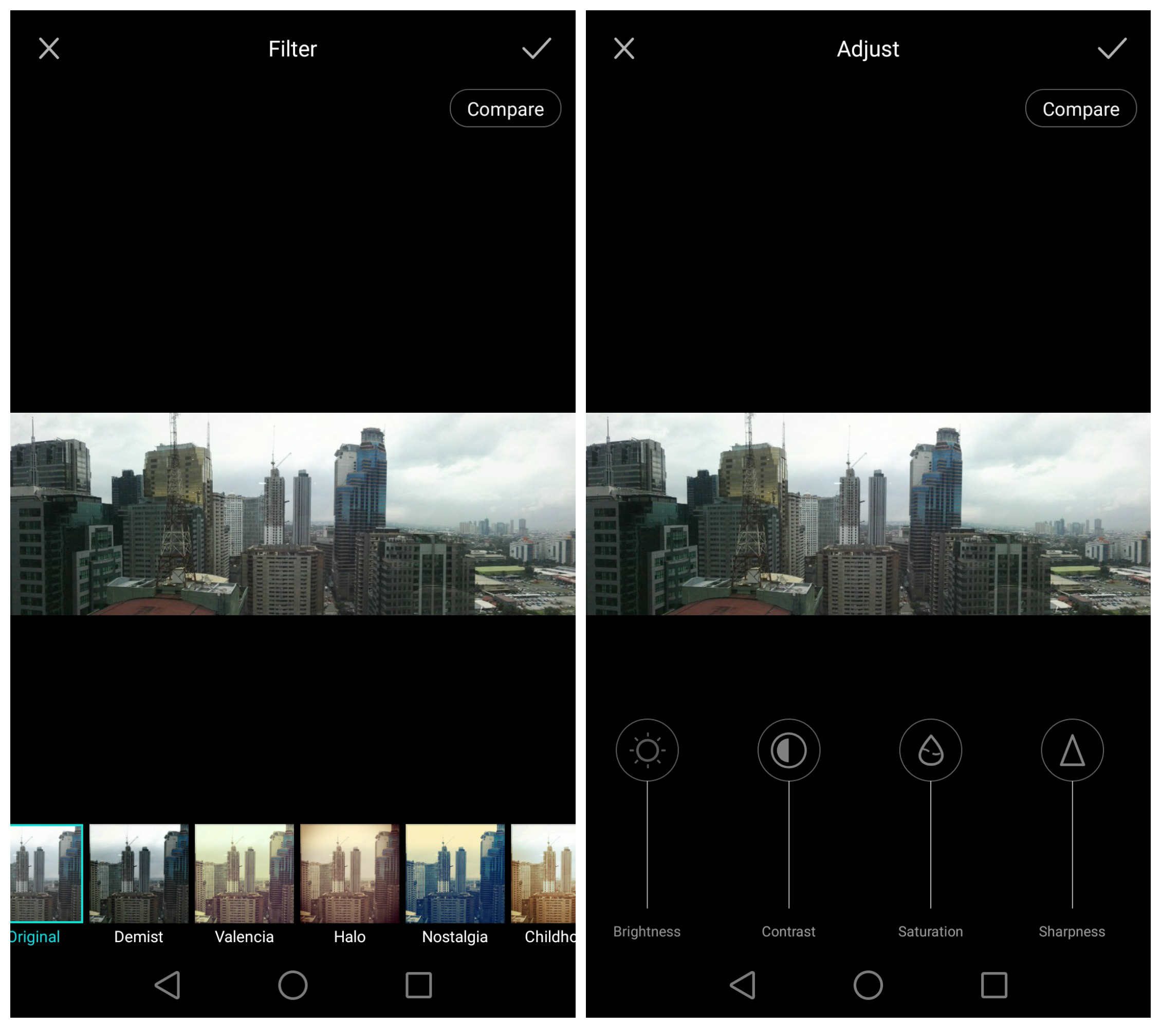 PICK YOUR FILTER. Huawei P8’s edit feature. Screen grab of Huawei P8 screen. 