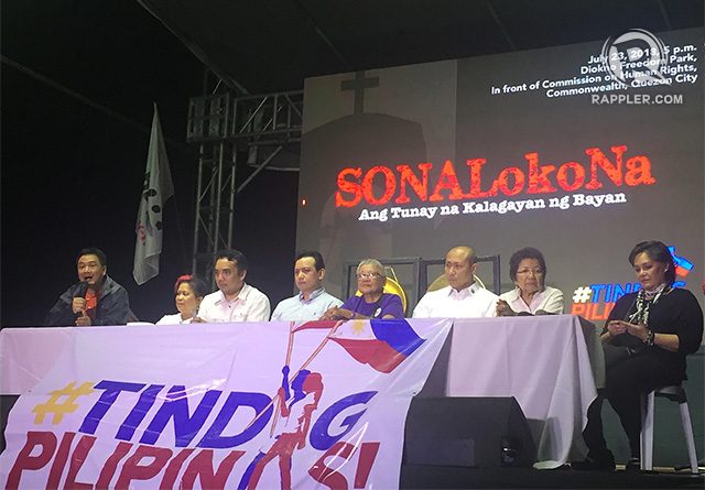 OPPOSITION. (L-R) In this photo, opposition leaders including LP official Erin Tañada, former DSWD secretary Dinky Soliman, lawyer Barry Gutierrez, Senator Antonio Trillanes, former peace process adviser Ging Deles, Congressman Gary Alejano, former CHR chair Etta Rosales, and singer Leah Navarro react to Duterte's SONA. Photo by Sofia Tomacruz/Rappler 