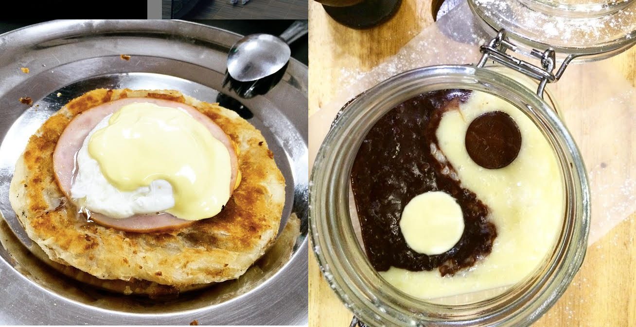 REIMAGINING FOOD. Here's an example of reimagining local food. Left side: Eggs benedict on prata bread. Right side: White and dark chocolate champorado  