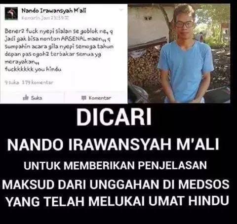 Nando Irawansyah dituduh menghina Hari Raya Nyepi dan umat Hindu akibat status Facebooknya. 