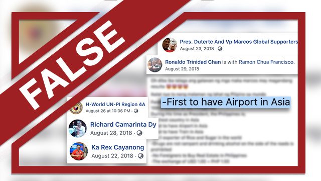 FALSE: Marcos built first airport in Asia
